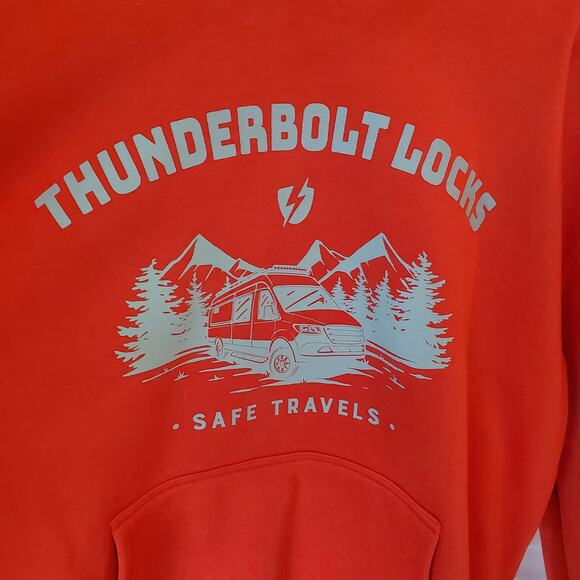 Thunderbolt Locks Hoodie Red Safe Travels Van Life Graphic Pullover Sweatshirt - Picture 2 of 8